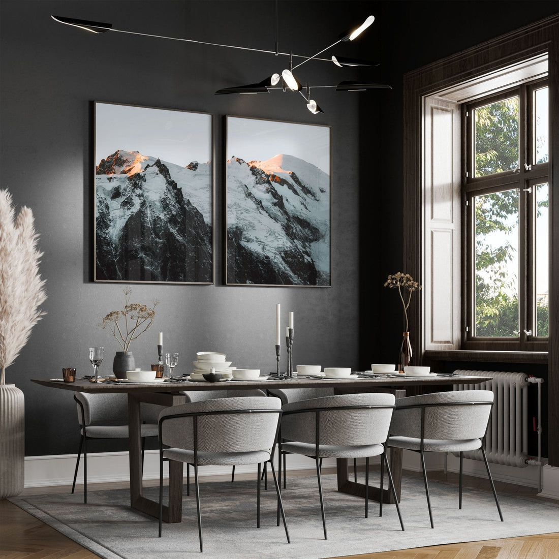 Mont Blanc Massif framed photos displayed in a stylish dining room.