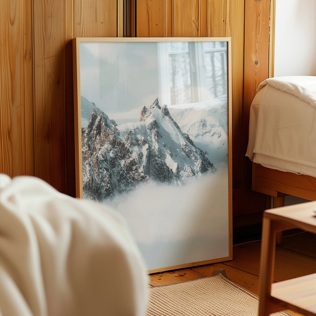 Aerial wall decor print showcasing the majestic Mont Blanc Massif and the iconic Aiguille du Midi.