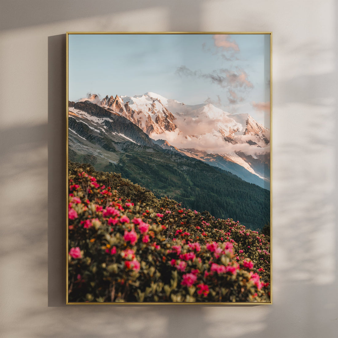 Majestic Mont Blanc Massif wall art print featuring snow-covered peaks and vibrant alpine flowers.