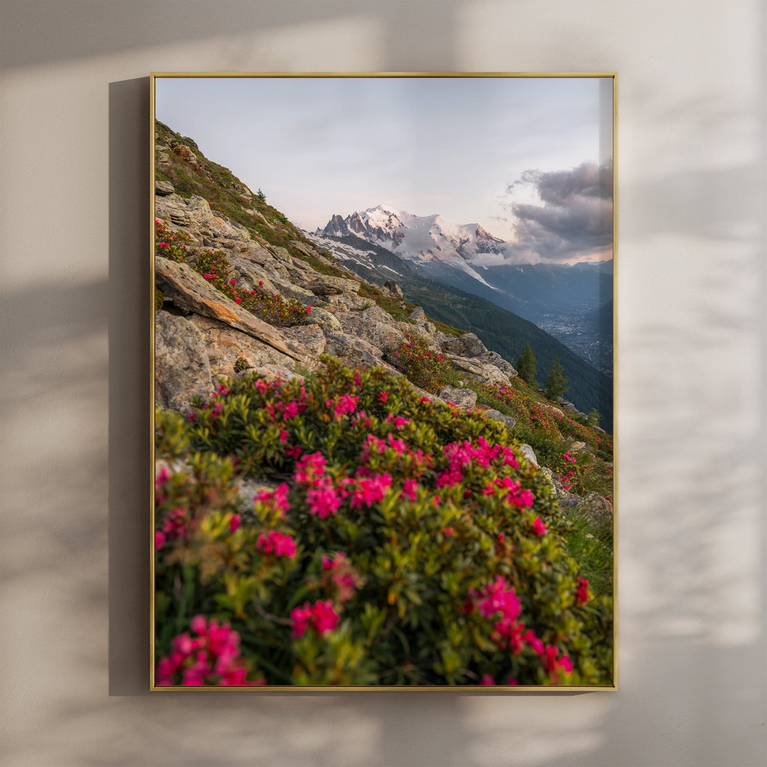 Stunning Mont Blanc Massif wall art print featuring vibrant alpine flowers and dramatic peaks in Chamonix.