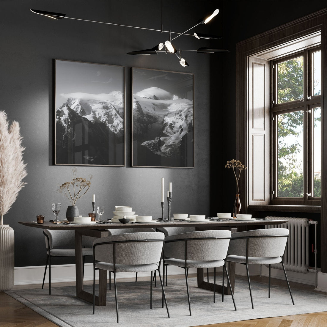 Mont Blanc Massif in monochrome with breathtaking peaks and snowy ridges in a sophisticated dining room setting.