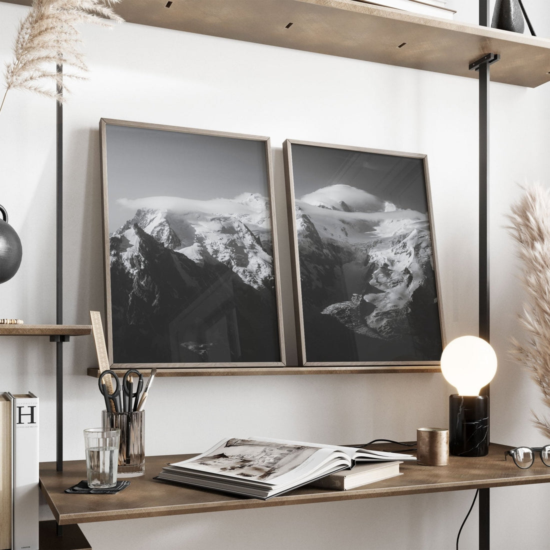 Mont Blanc Massif framed art leaning on a shelf, surrounded by decor and soft lighting.