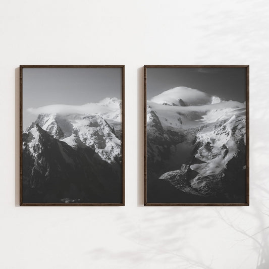 Minimalist Mont Blanc Massif wall art in monochrome style with wooden frames and a clean aesthetic.