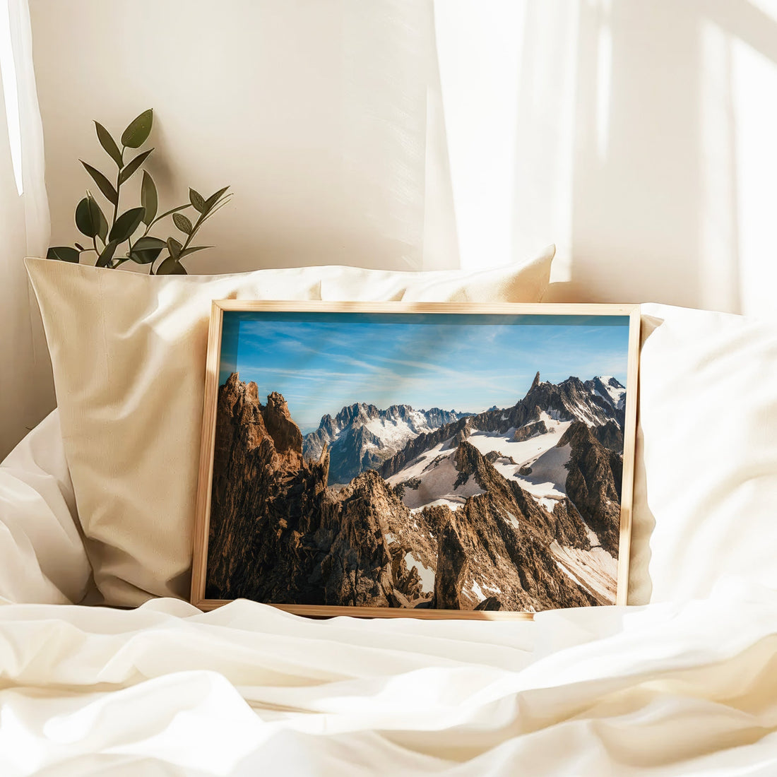 Framed print of Mont Blanc Massif with Aiguille d'Entrèves in foreground, perfect for mountain lovers' walls.
