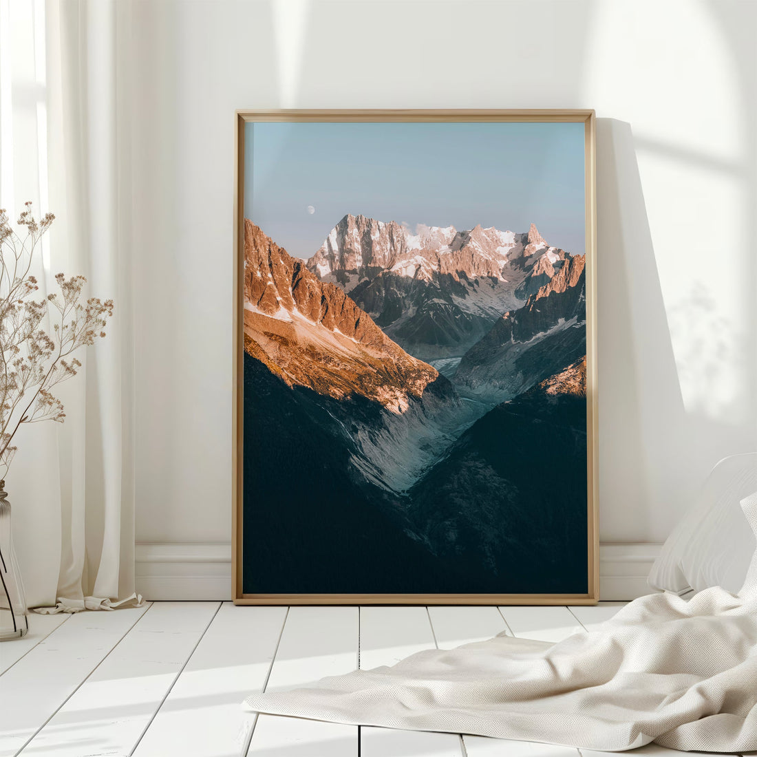 Beautiful Mont Blanc Massif glacier photo print with deep valleys, towering ridges, and a soft twilight sky.