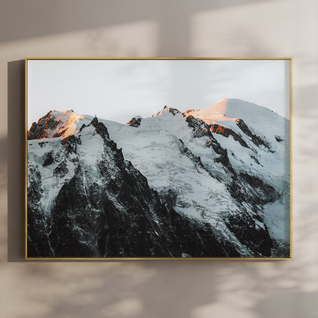 Mont Blanc Massif photography print glowing with golden hour light and icy peaks above Chamonix.