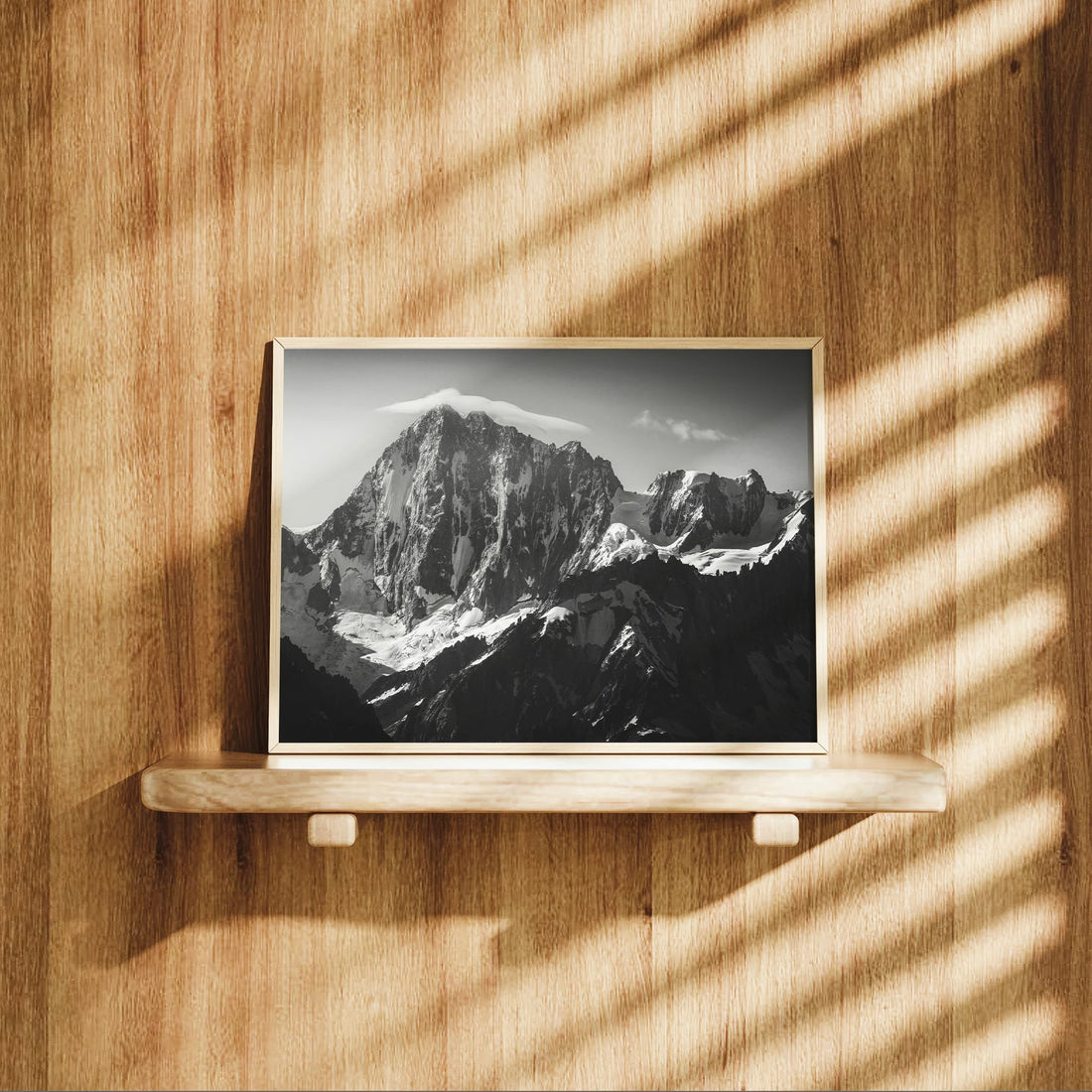 Monochrome Mont Blanc Massif photo print featuring Grandes Jorasses' icy slopes and jagged ridges.