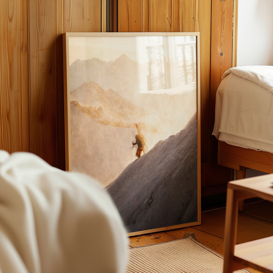 Spectacular Mont Blanc Massif wall art capturing climbers navigating a steep snow ridge.