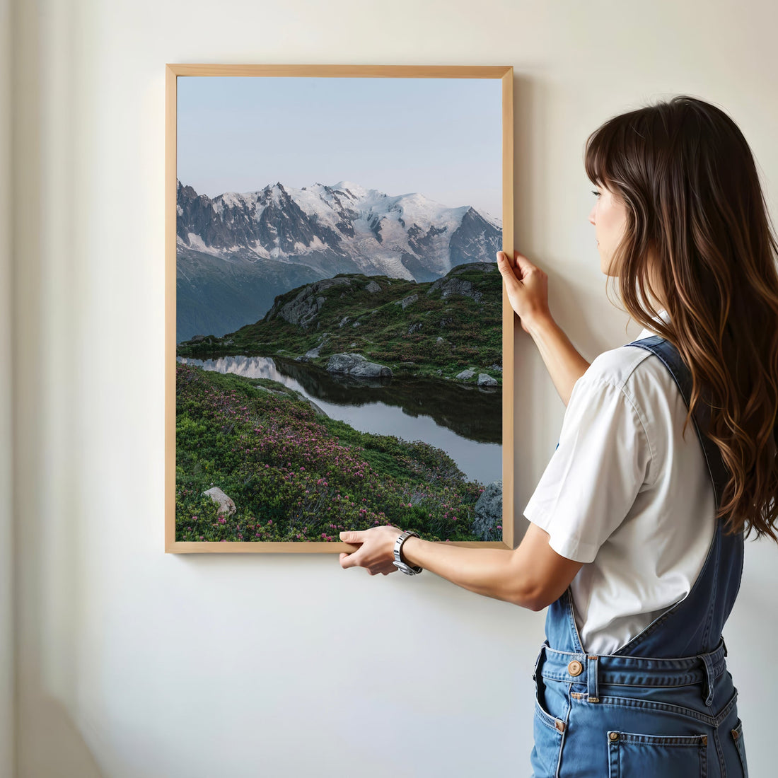 Breathtaking Mont Blanc Massif landscape print featuring a tranquil alpine lake and lush greenery.