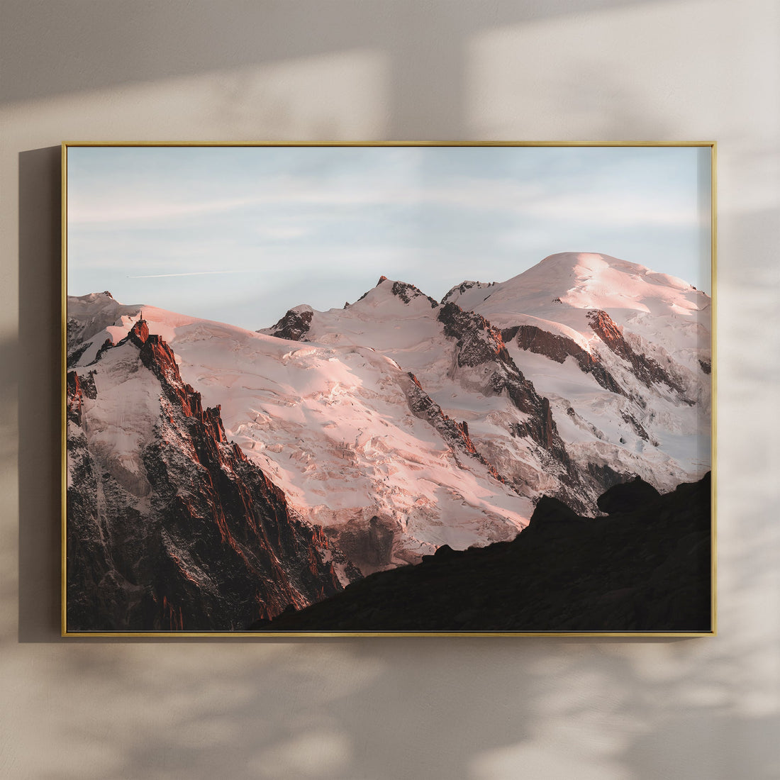 Glowing Mont Blanc Massif print featuring a soft sunset over snowy alpine peaks in the French Alps.