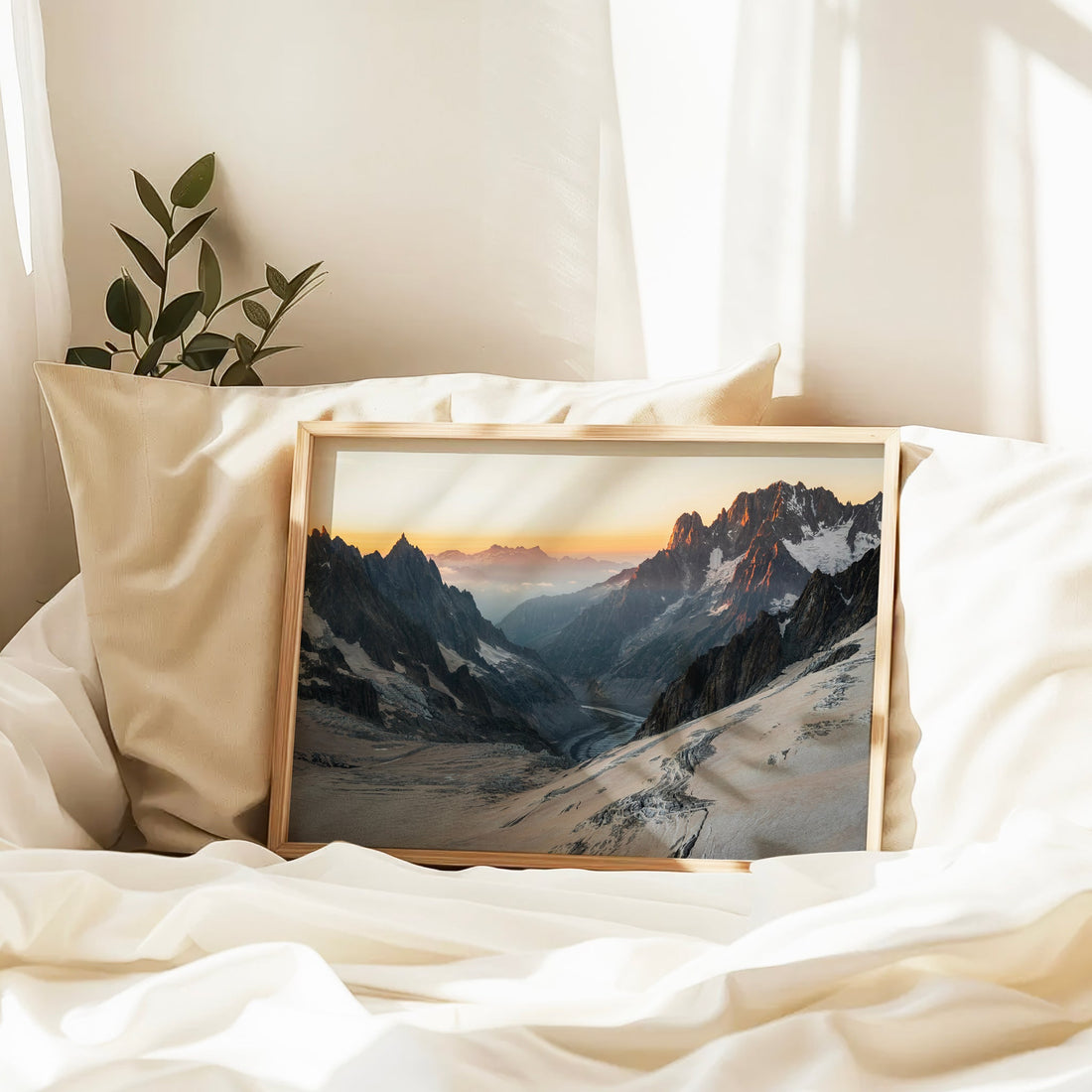 Mont Blanc landscape print capturing early light on icy terrain and steep peaks of the Mer de Glace glacier.