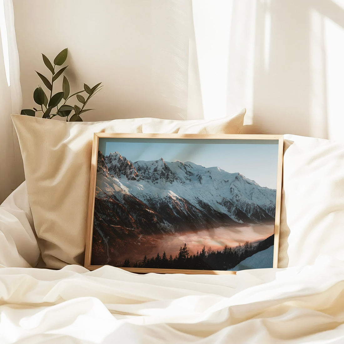 Breathtaking view of Mont Blanc bathed in sunset hues, perfect for alpine photography wall art lovers.