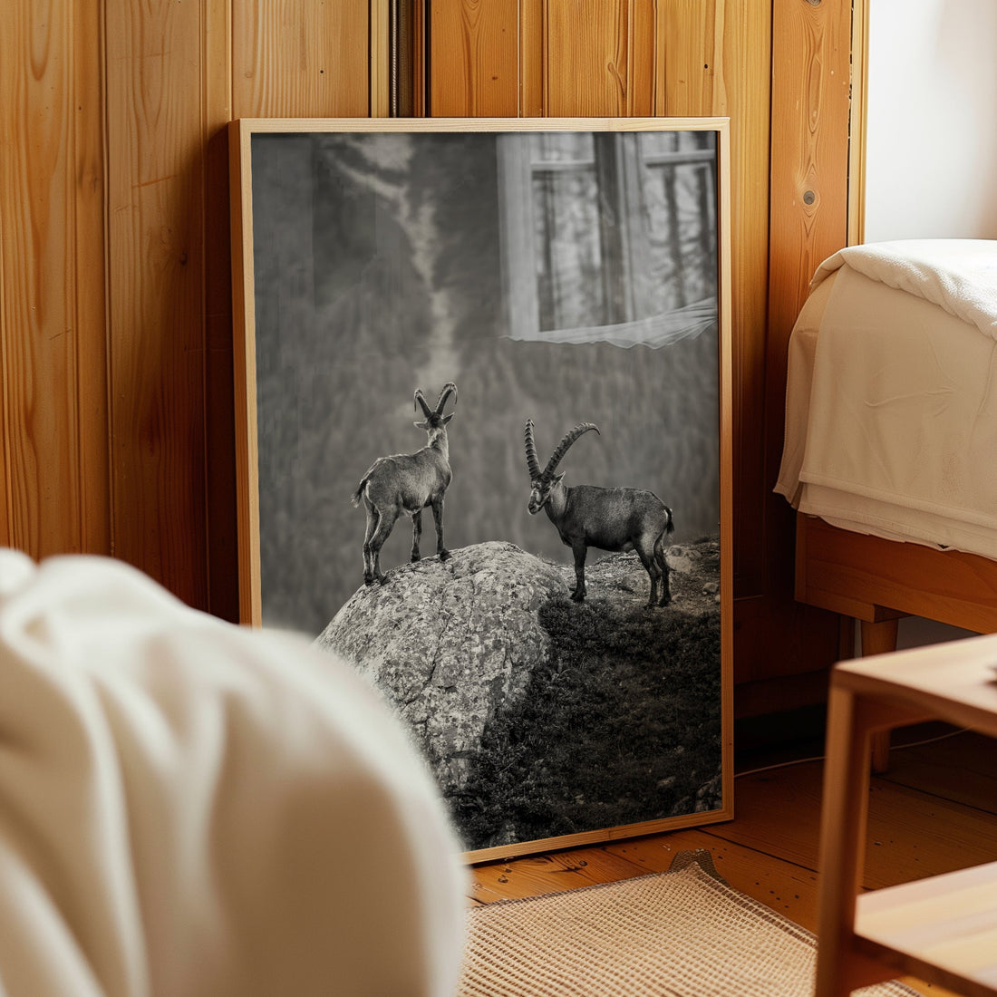Black and white Mont Blanc nature photography print featuring ibex in their natural alpine habitat.