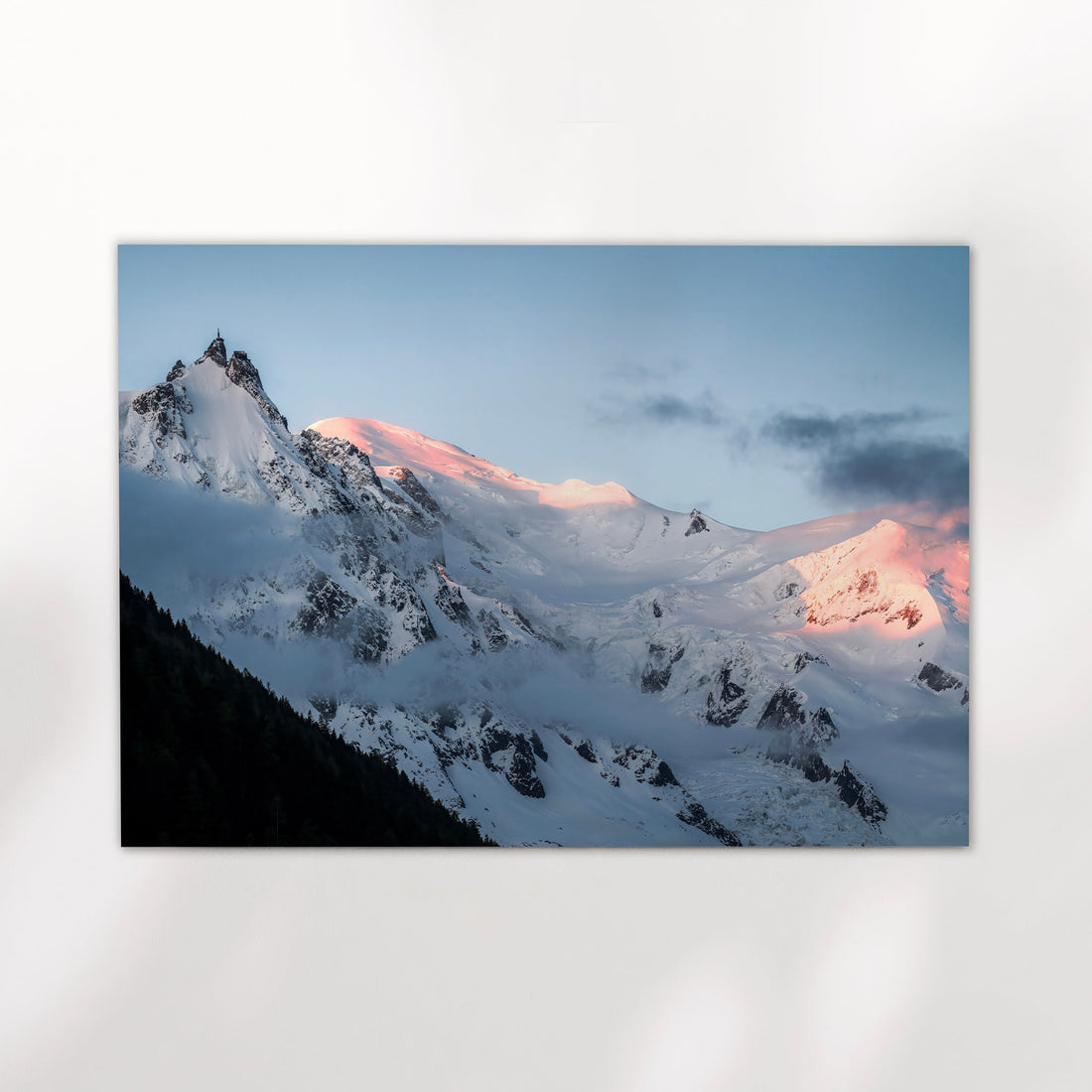 Alpine photography print showing the Mont Blanc Massif bathed in pink evening light.