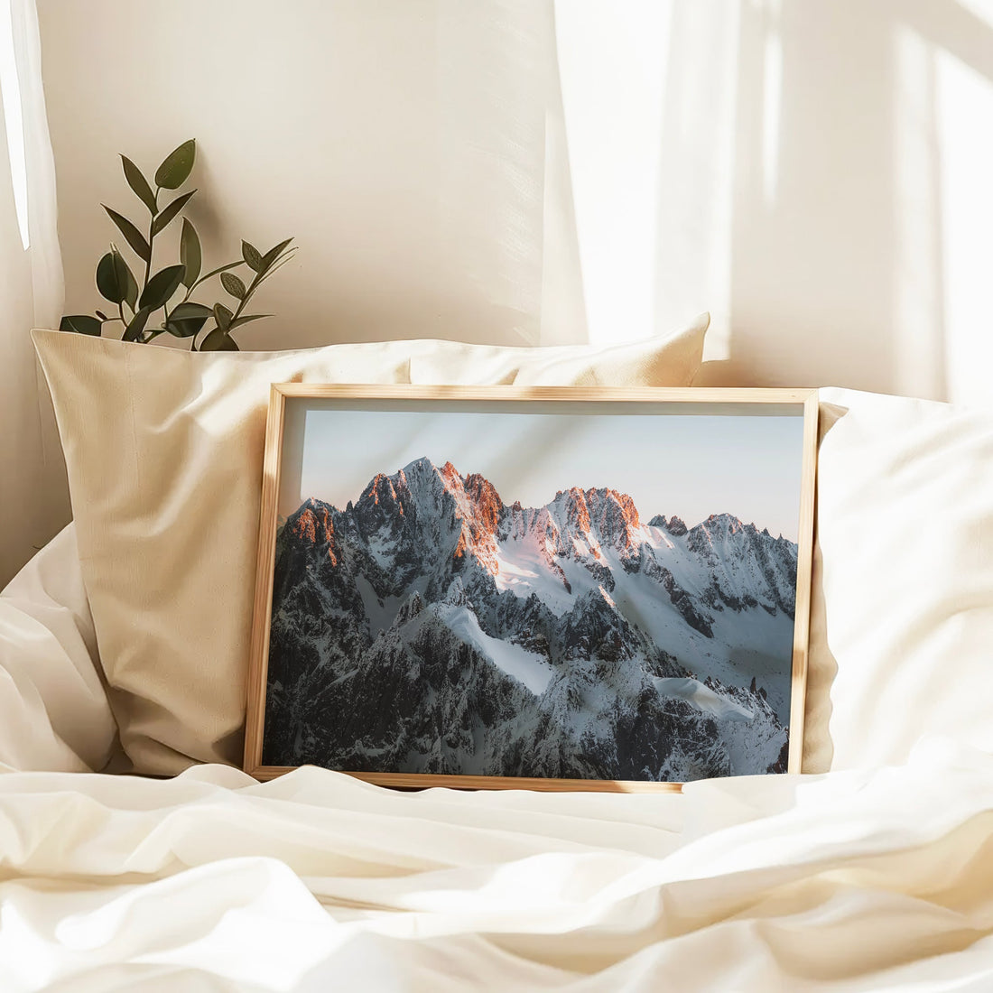 Striking view of the Mont Blanc Massif and surrounding peaks in this fine art landscape print from Chamonix.
