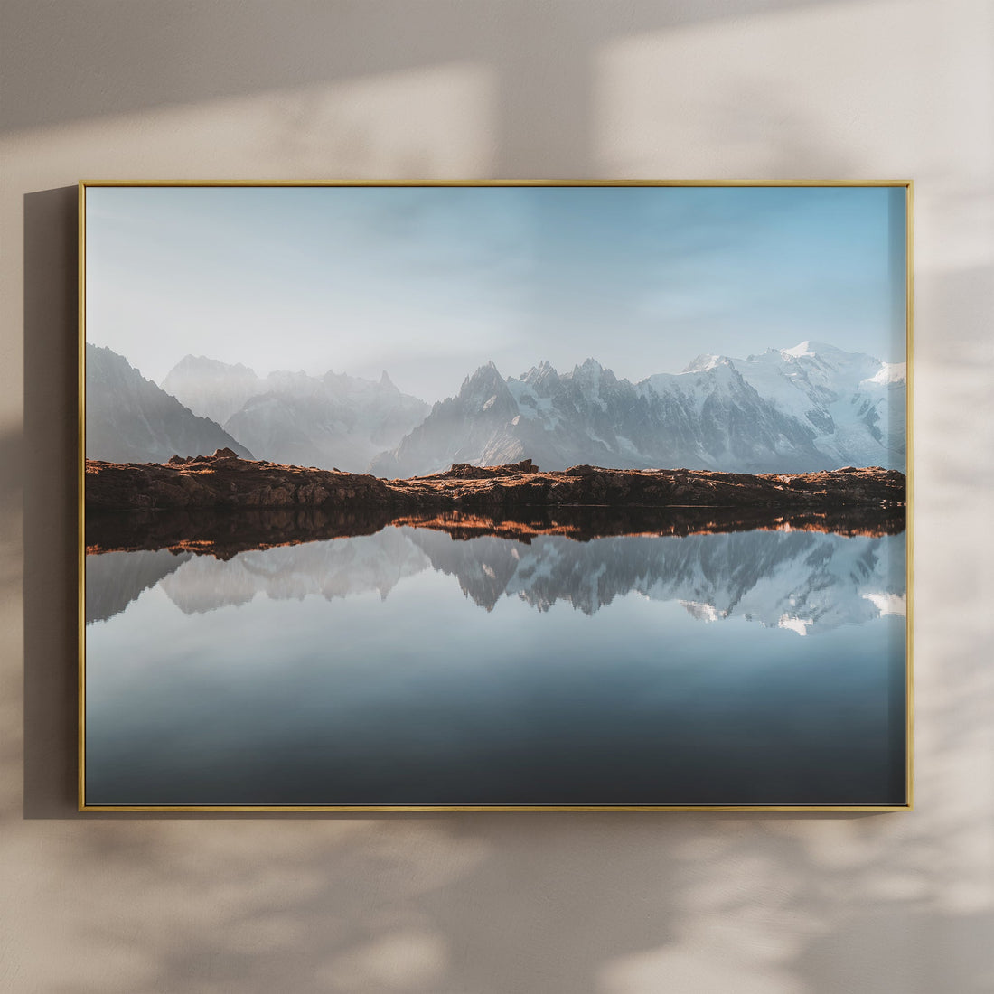 Tranquil Mont Blanc reflection print at Lacs des Chéserys with clear alpine sky and mirror-like water in Chamonix.