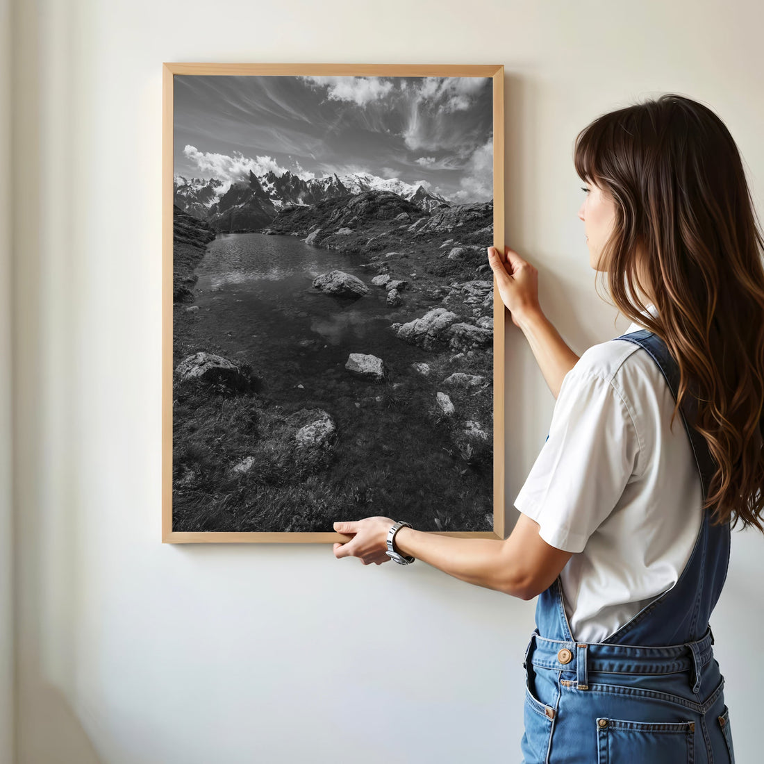 Elegant Mont Blanc reflection wall art print showcasing the beauty of Lac Flégère in monochrome.