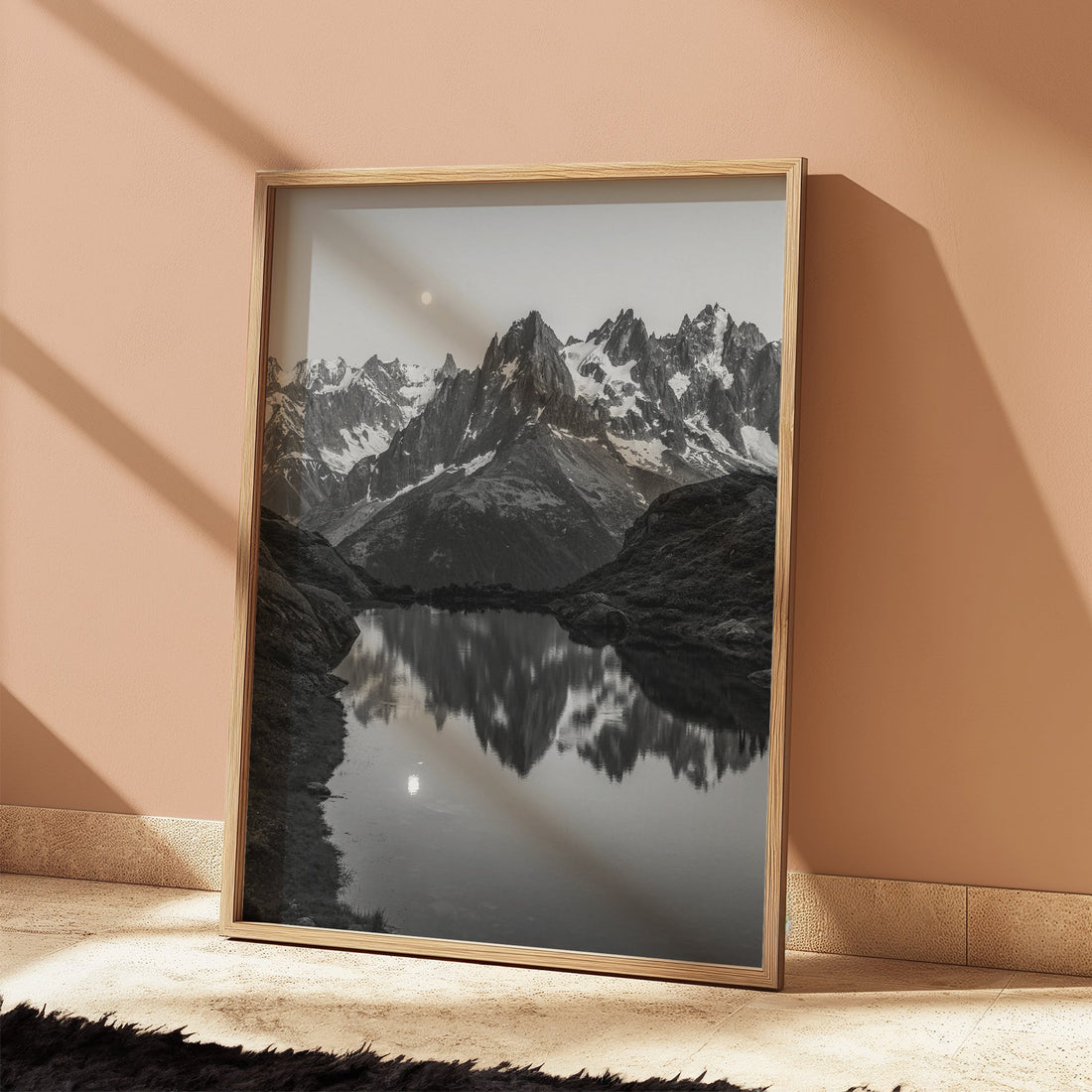 Mont Blanc region photography print capturing the peaceful reflections of mountain peaks in a tranquil lake.