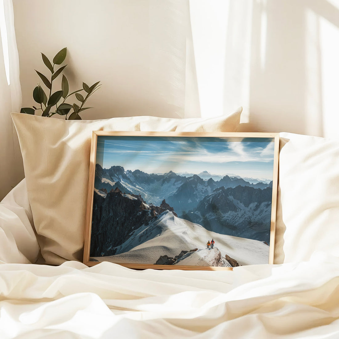 Skiers trekking in the Mont Blanc region captured in this scenic Chamonix photography print of the Midi ridge.
