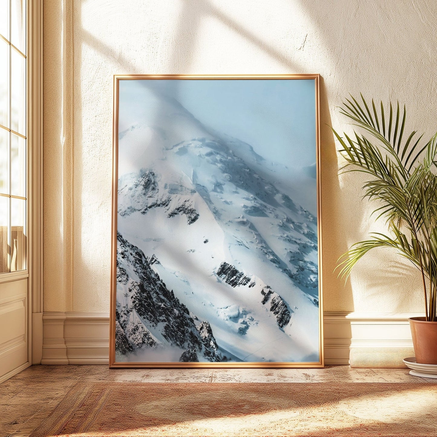Serene Mont Blanc snowy peaks illuminated by sunlight, perfect for wall decor.