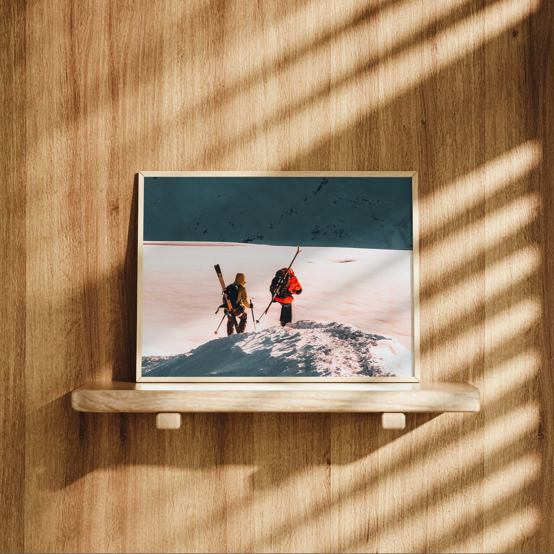 Mont Blanc fine art ski touring print featuring vibrant gear and crisp snow along a steep alpine ridge.