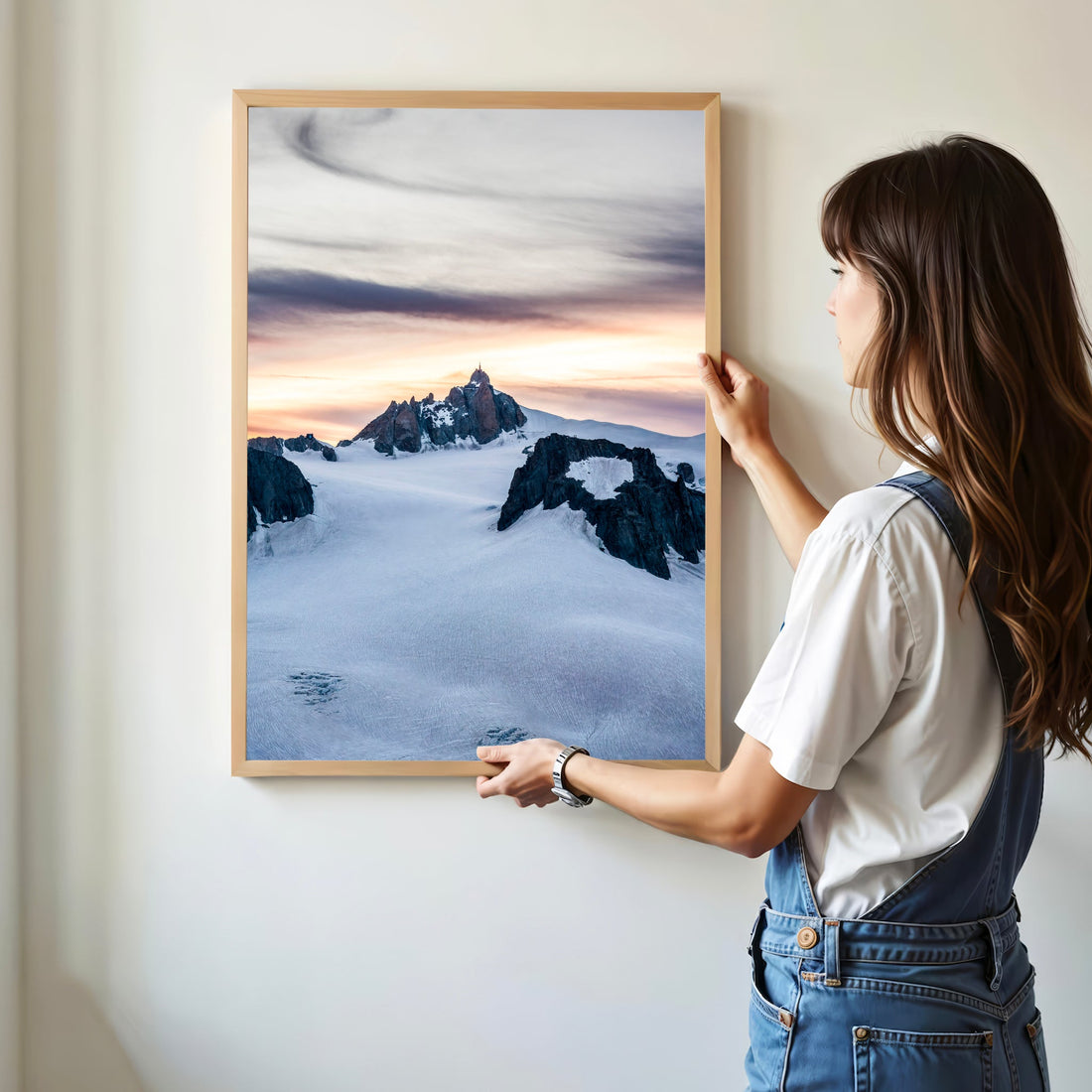 Breathtaking snowy Mont Blanc landscape print with the iconic Aiguille du Midi under a pastel sky.