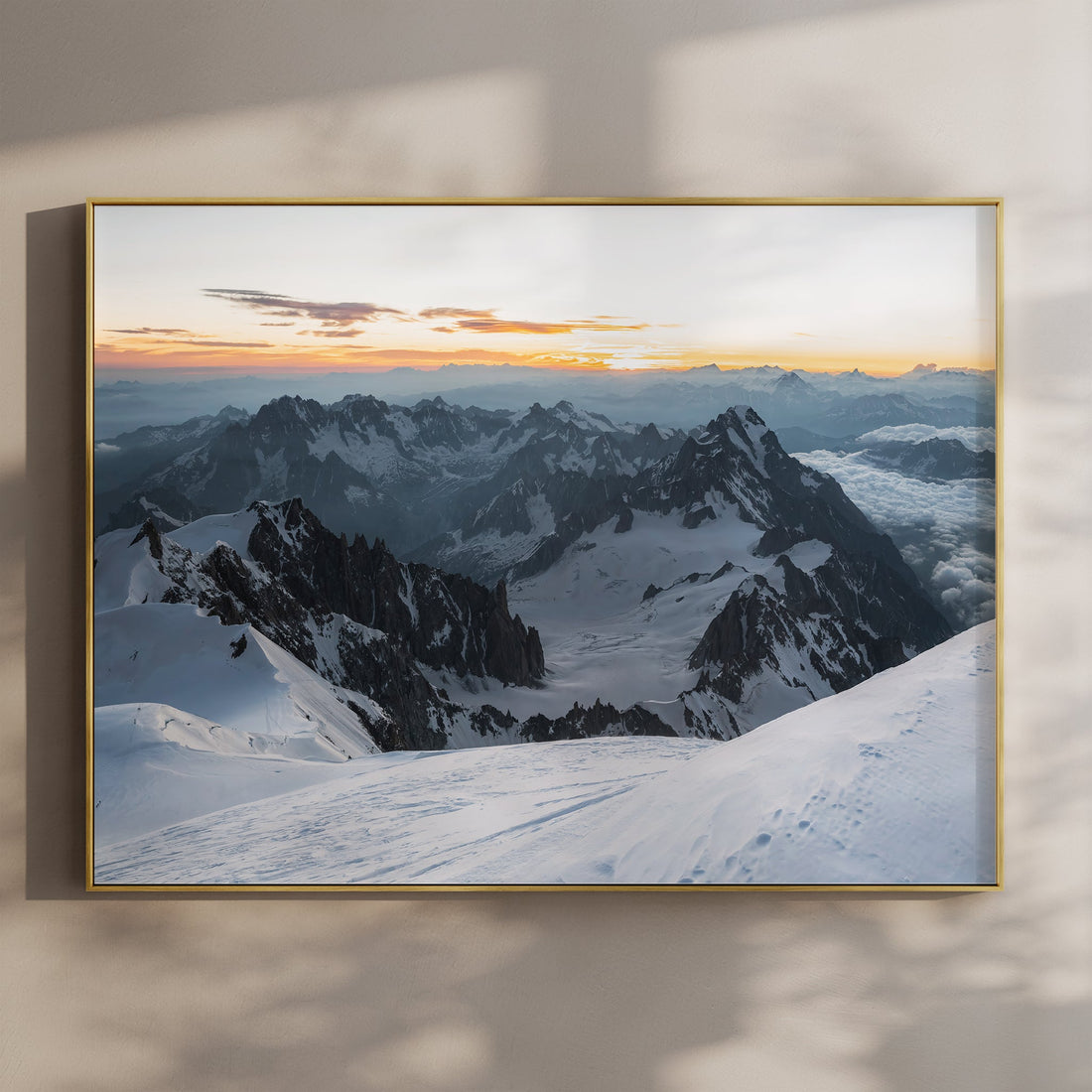 Majestic Mont Blanc summit wall art print showing a sweeping alpine sunrise above the French Alps.