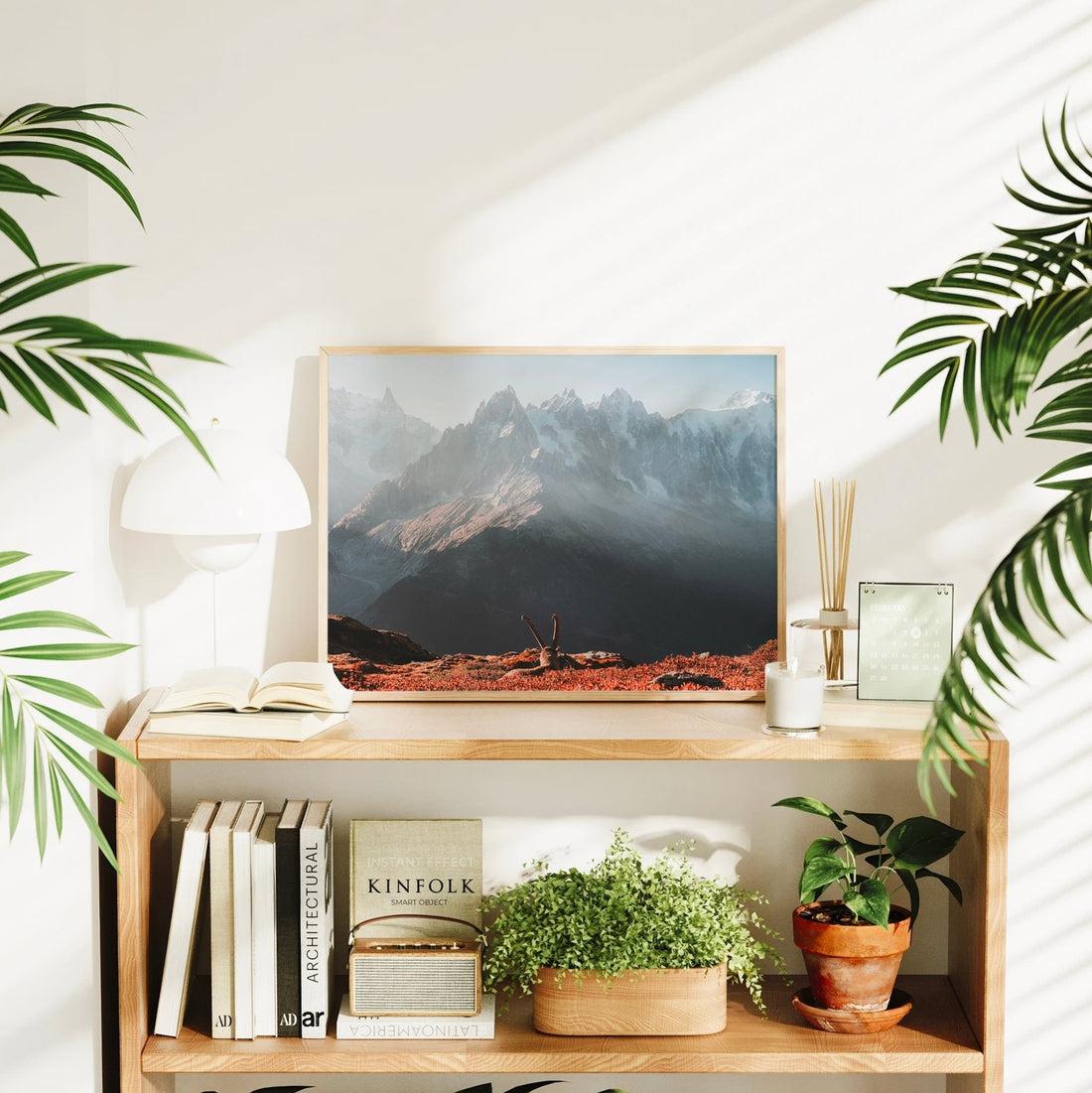 Sunrise wall art print of an ibex standing proudly before Mont Blanc, ideal for nature and mountain lovers.