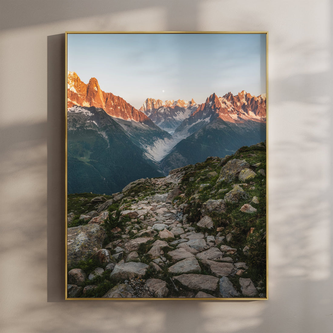 Stunning Mont Blanc wall art print featuring a golden sunset over a glacier hiking trail.