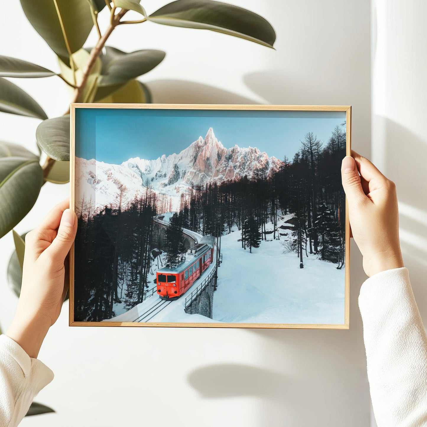 Captivating Mont Blanc travel photography print featuring a vintage train against a dramatic alpine backdrop.
