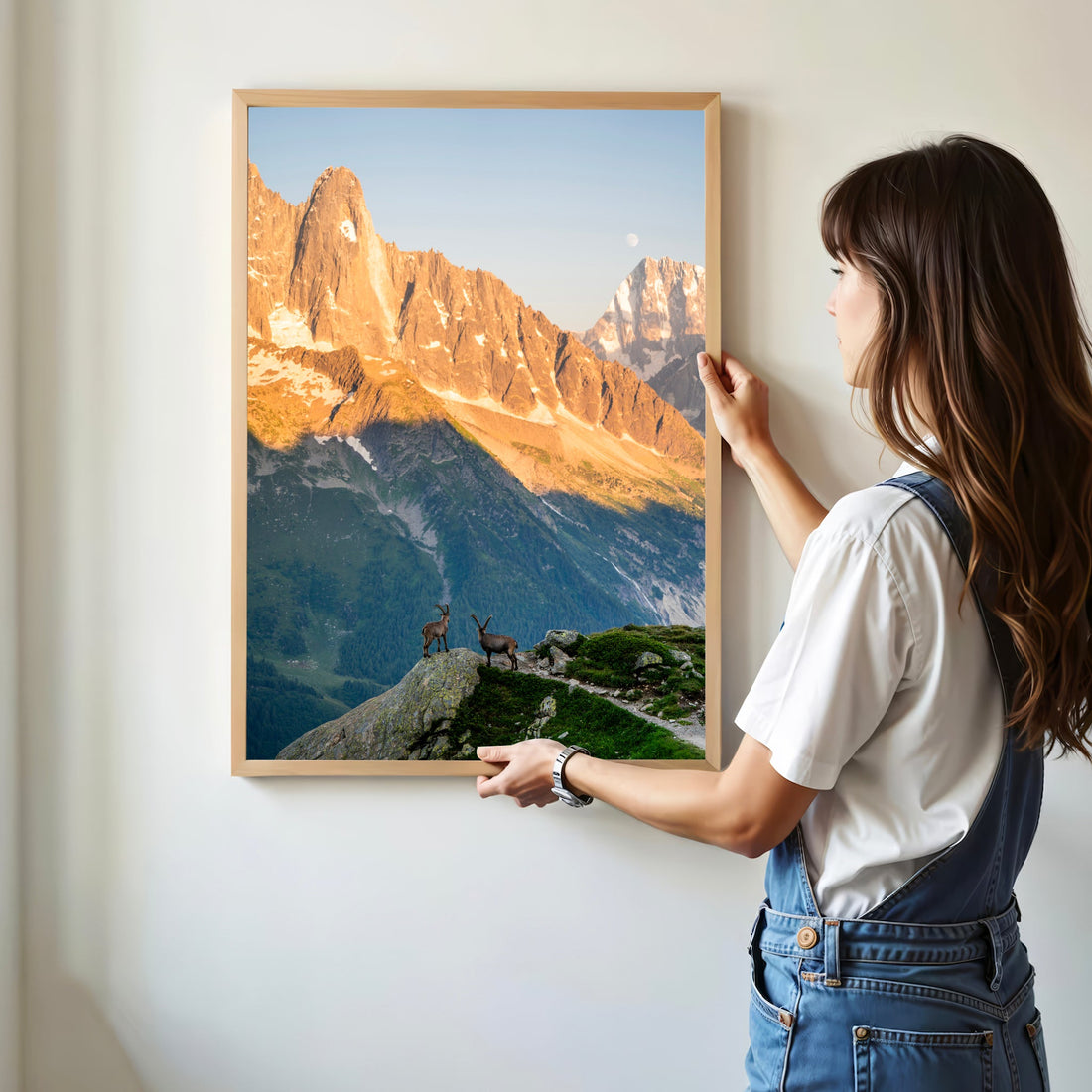Fine art landscape photography print of Mont Blanc, showcasing wild ibex against a dramatic alpine backdrop.