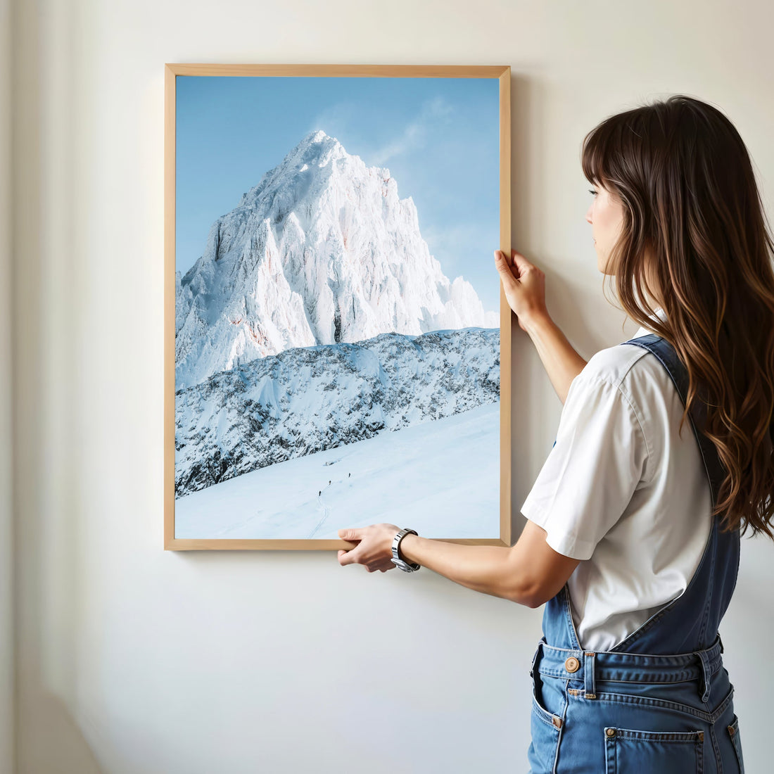 Stunning winter ski tour print of Mont Blanc, featuring a duo of adventurers navigating deep snow in the Alps.