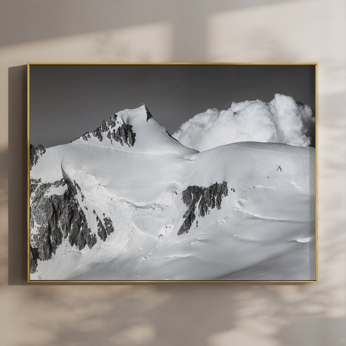 Black and white Mont Maudit wall art print with dramatic snow-covered peaks and high-alpine detail.