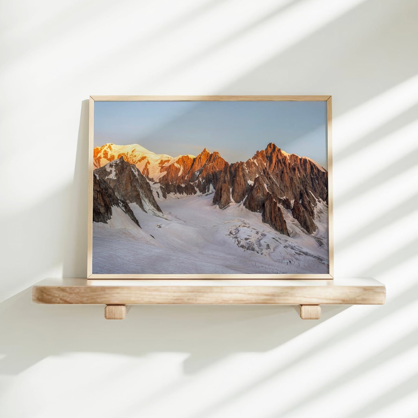 Dramatic dawn landscape print of Mont Maudit and Mont Blanc with crisp glacier textures in warm light.