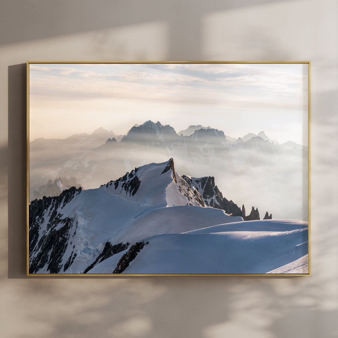 Mont Maudit wall art print featuring a glowing sunrise over snow-covered peaks viewed from Mont Blanc summit.