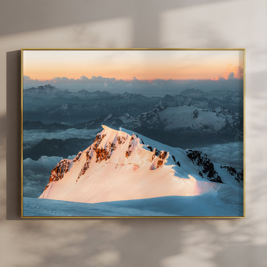 Dramatic fine art print of Monte Bianco di Courmayeur glowing at sunset, captured from the Mont Blanc summit ridge.