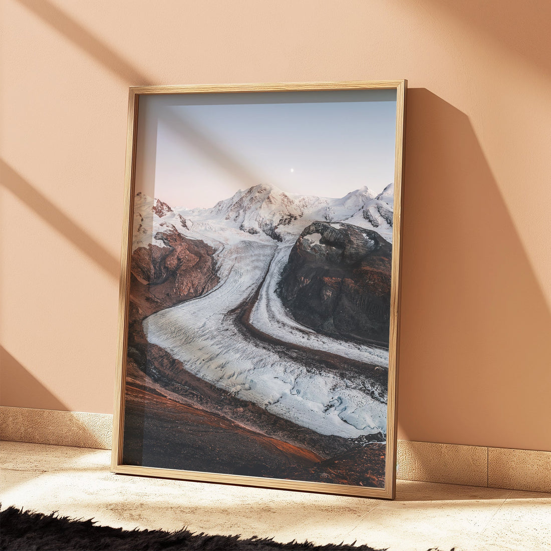 Monte Rosa bathed in alpenglow, towering over the expansive Gorner Glacier in this wall art print.
