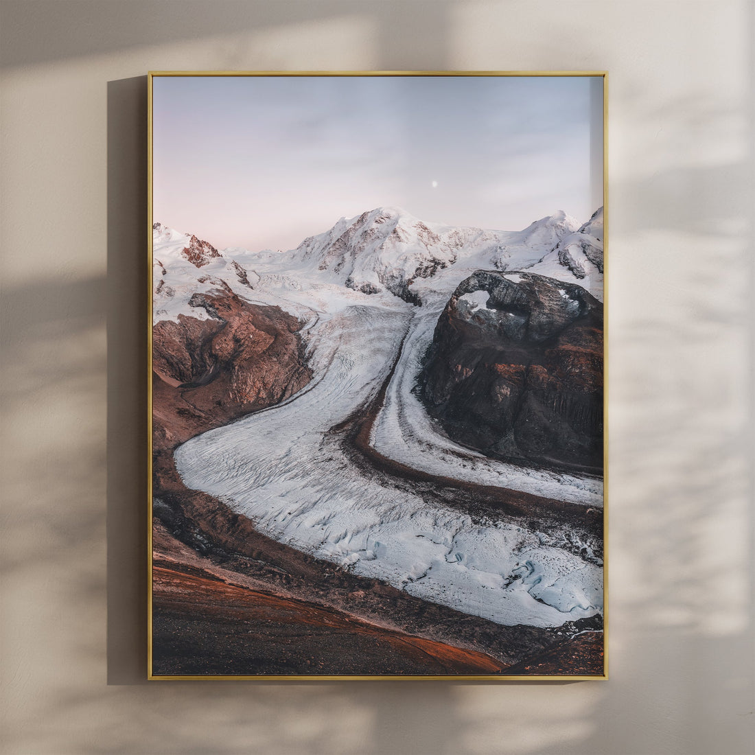 Stunning Monte Rosa and Gorner Glacier wall art print capturing the icy expanse of the Swiss Alps.