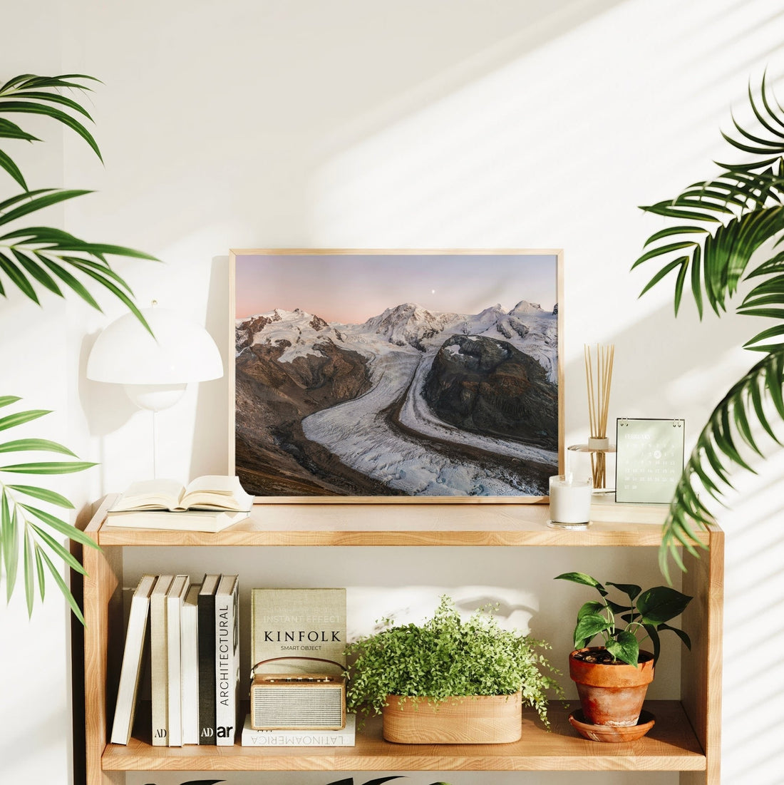 Wide-angle wall print of Monte Rosa and Gorner Glacier, bathed in pastel skies during alpine twilight.