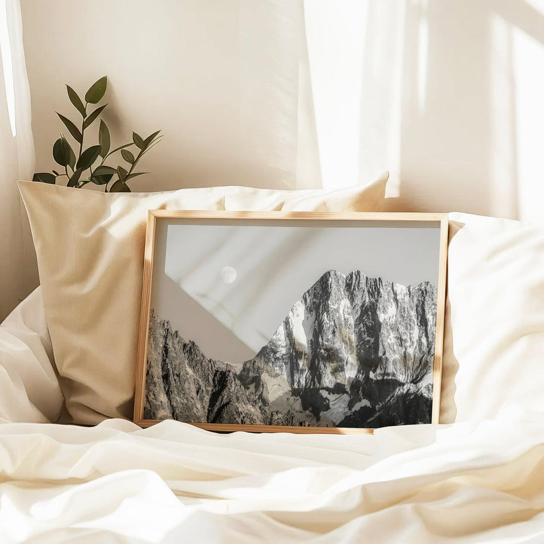Artistic mountain wall art print showing the moonrise beside the towering rock face of Grandes Jorasses in the Alps.