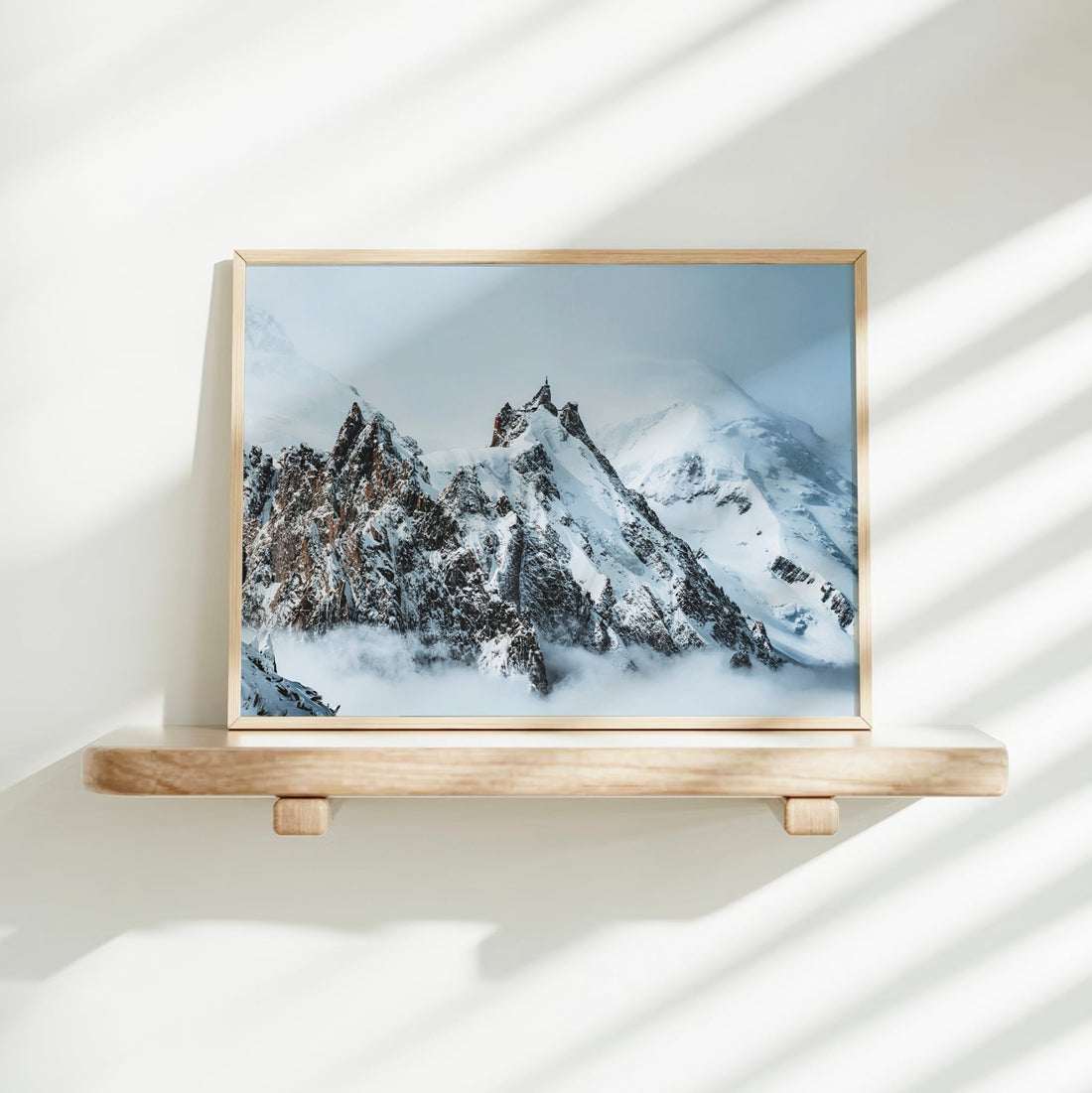 Aiguille du Midi landscape print on a floating shelf in natural light