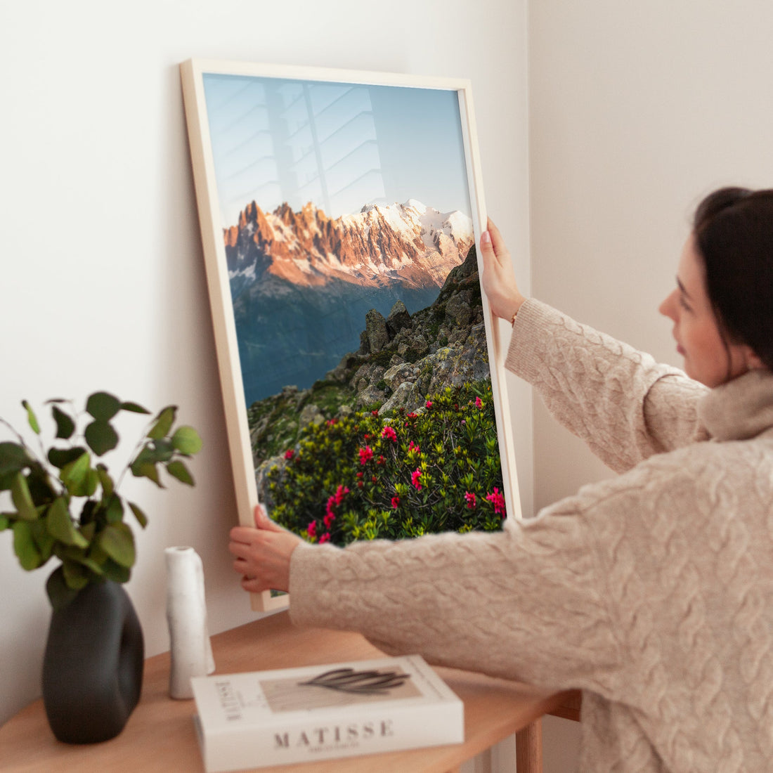 Fine art mountain landscape print showcasing Mont Blanc’s dramatic peaks with lush alpine flowers at sunset.