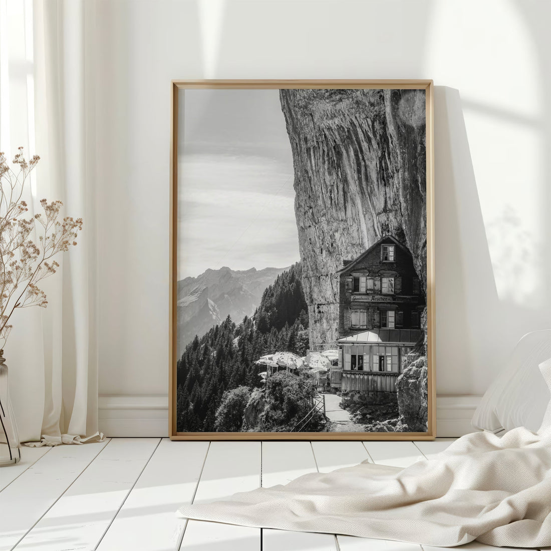 Scenic photography print of the Aescher Guesthouse, a hidden gem in the Swiss Alps with stunning views.