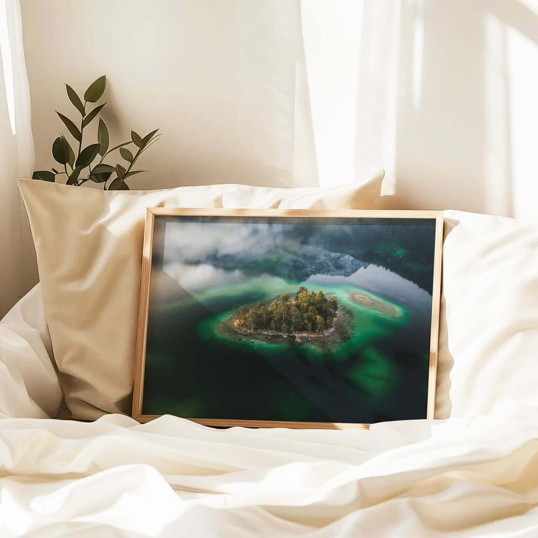 Mist rising over Eibsee from an aerial perspective