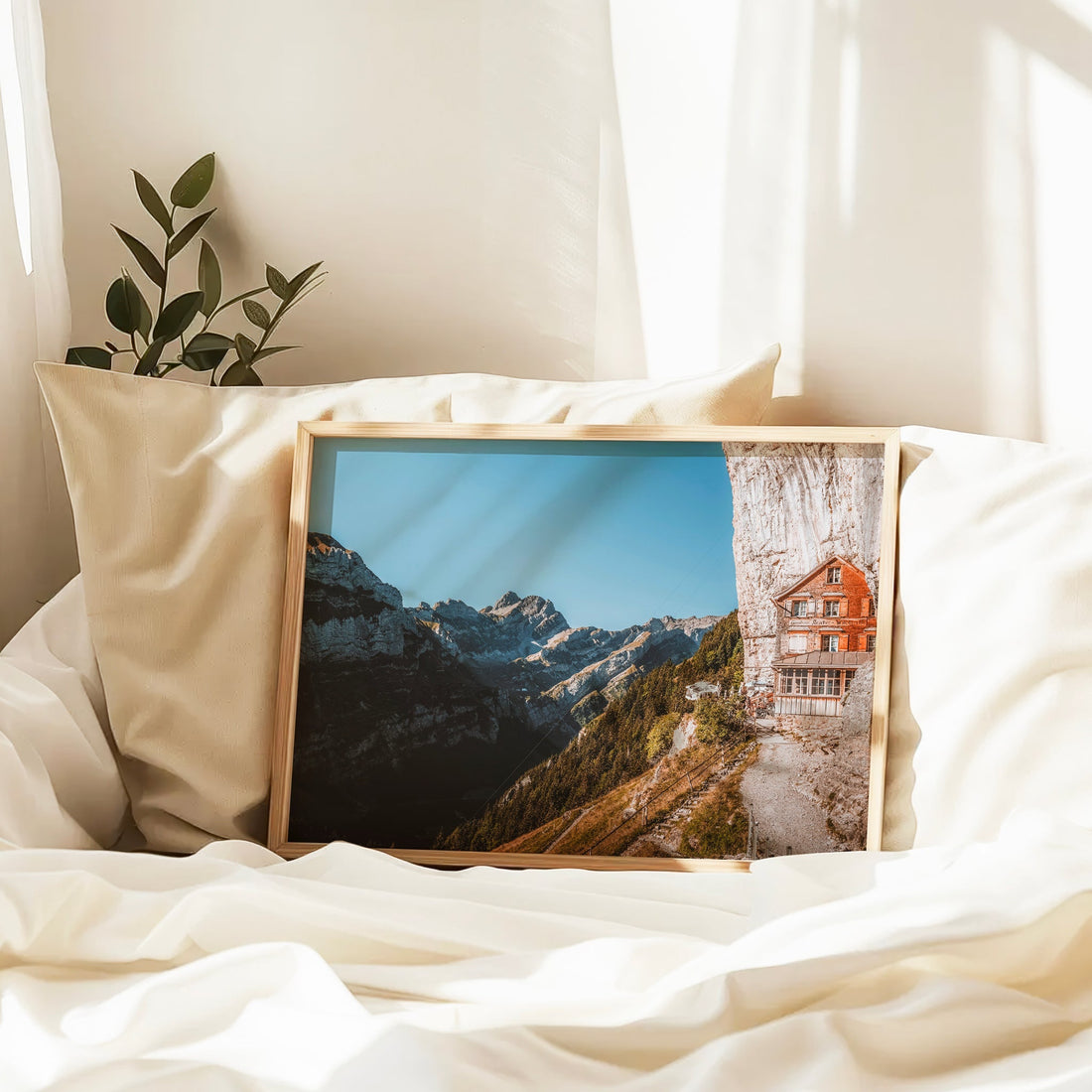 Mountain lodge sunset wall art print of Aescher Guesthouse, bathed in warm evening light.