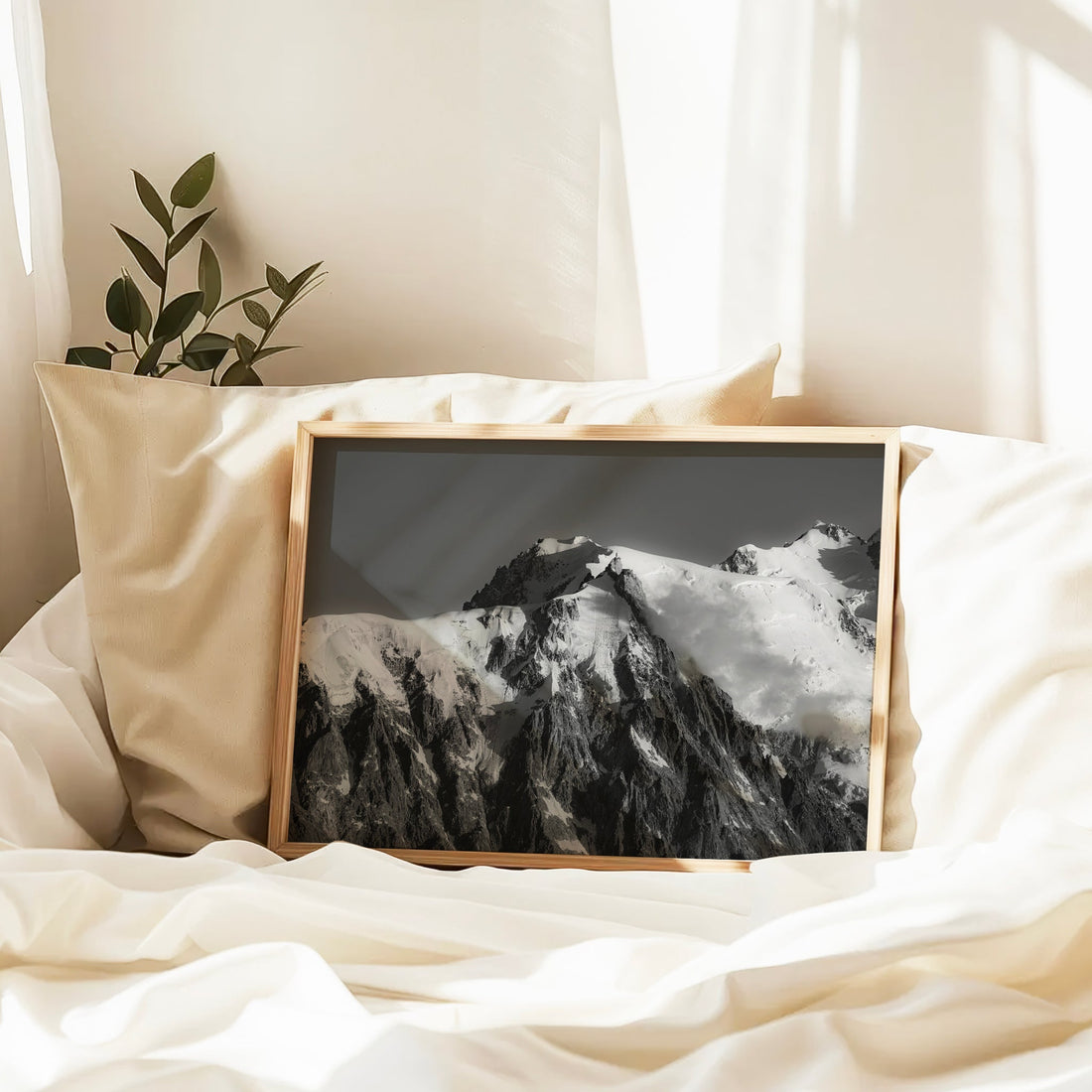 Aiguille du Midi mountain wall art print offering a powerful view of the Chamonix massif in crisp black and white.