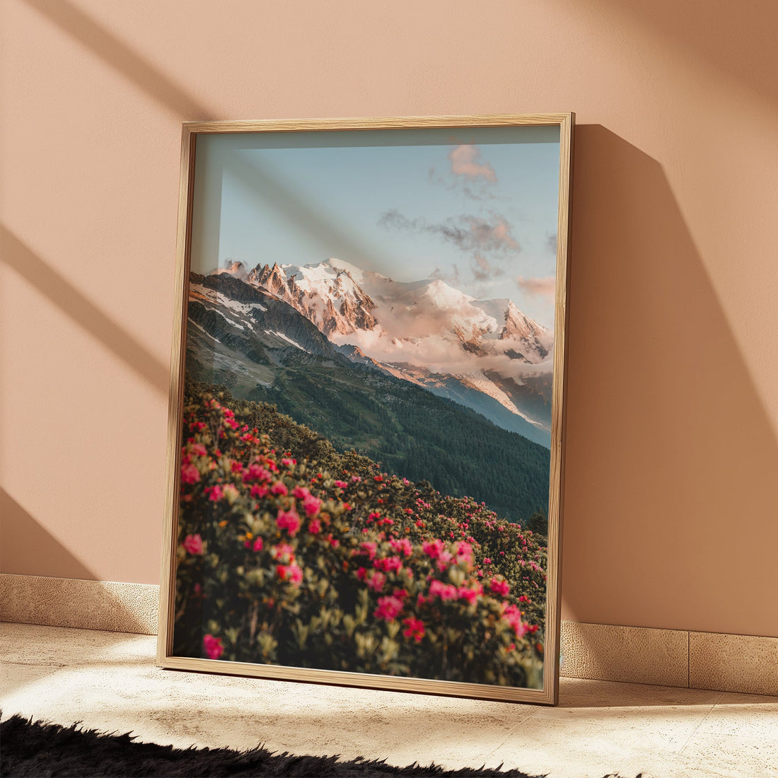 Alpine wildflower landscape print with Mont Blanc in the background, a perfect nature-inspired decor piece.