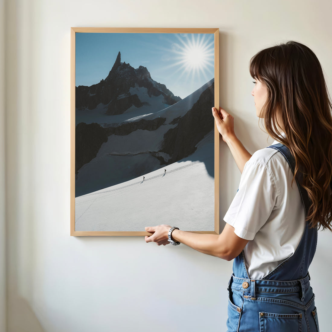 Minimalist mountain wall art featuring climbers on Vallée Blanche glacier near Chamonix – blue and white tones