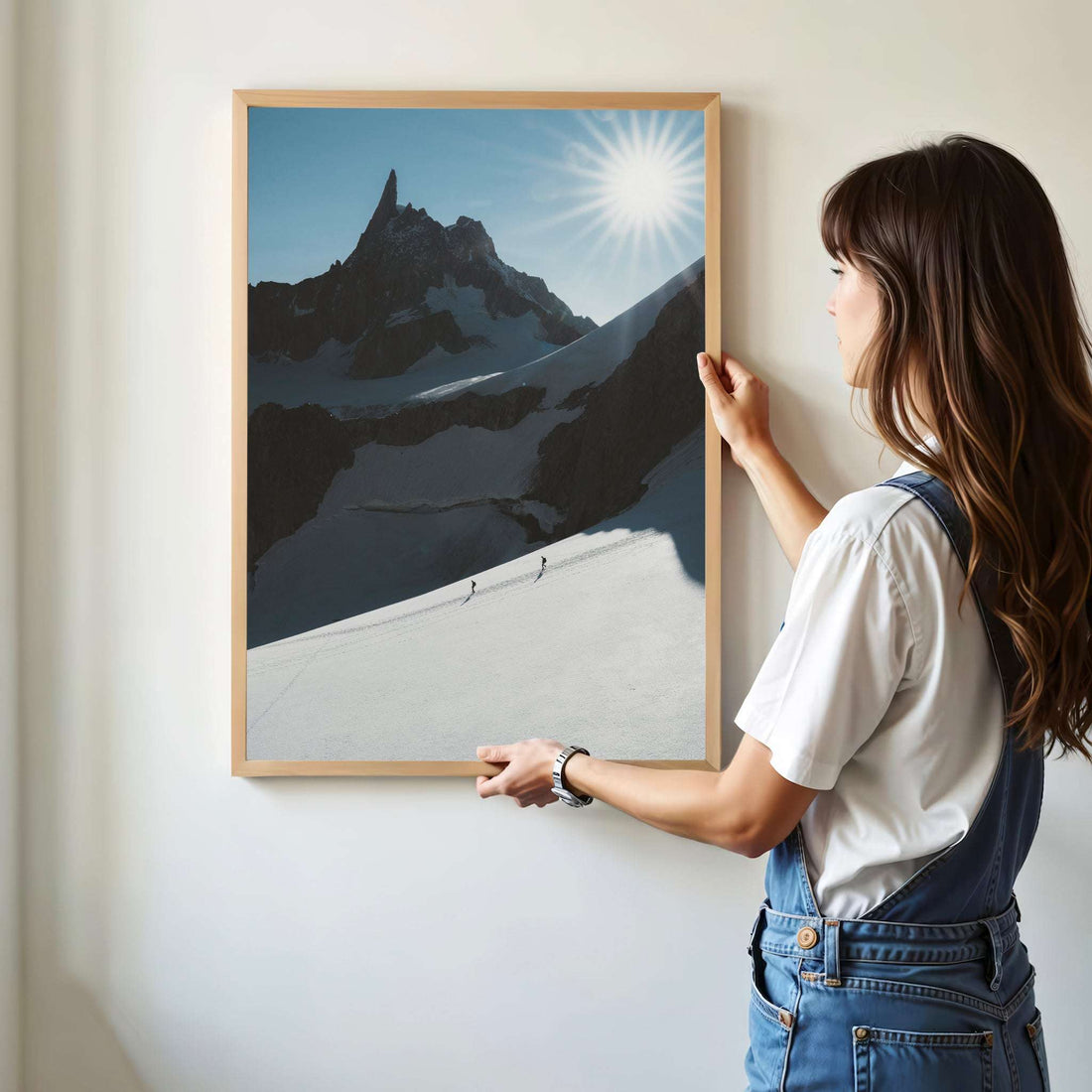 Minimalist mountain wall art featuring climbers on Vallée Blanche glacier near Chamonix – blue and white tones