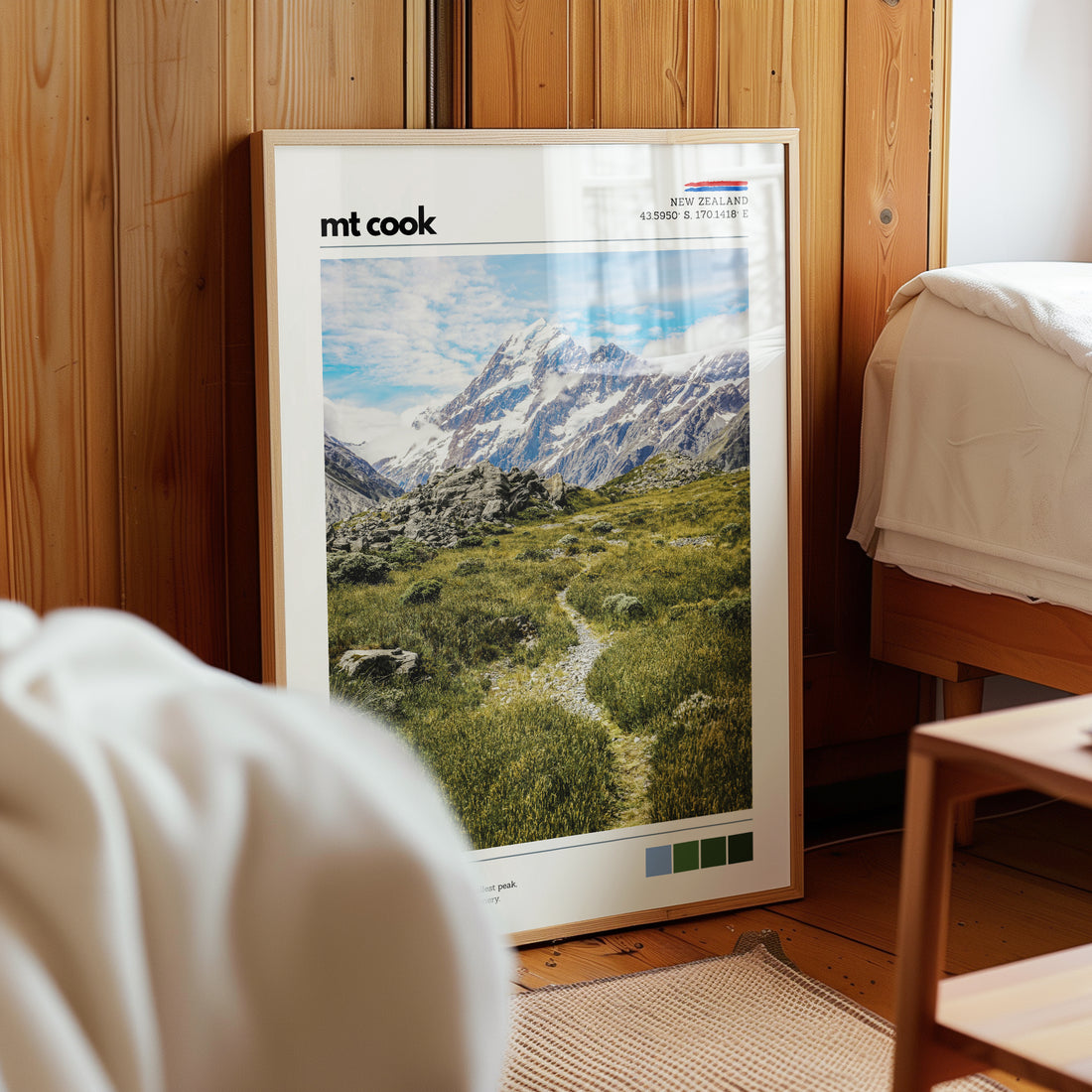 Mount Cook alpine wall art styled in a calm bedroom interior